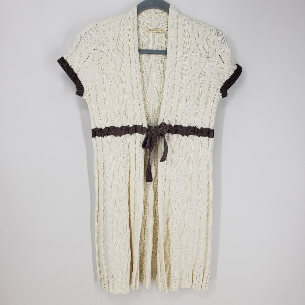 Nic + Zoe Cable Knit Cardigan Sweater Womens Size M Cream Short Sleeve Tie Front